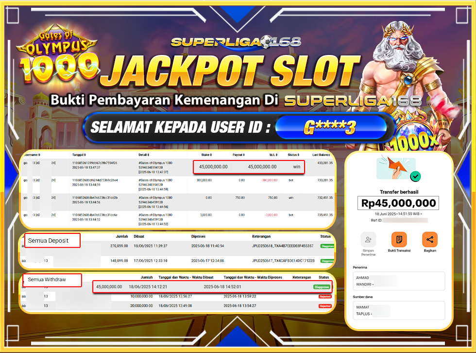 SUPERLIGA168 JACKPOT GATES OF OLYMPUS 1000  Rp.45,000,000-