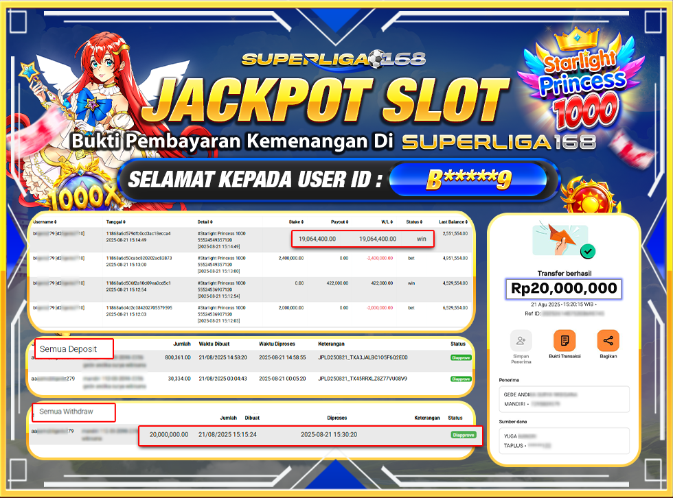 SUPERLIGA168 JACKPOT STARLIGHT PRINCESS 1000 Rp.20,000,000-LUNASS